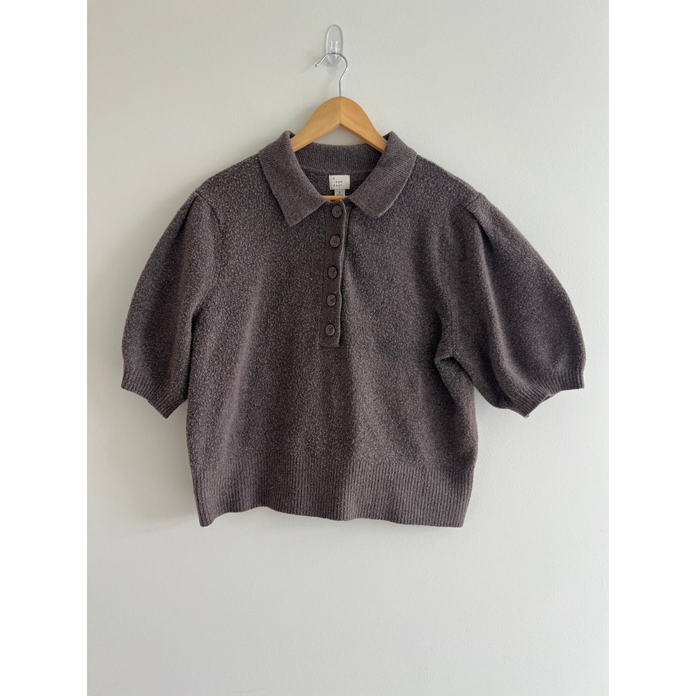A New Day Taupe Boucle Knit Sweater Polo Top L Cropped Quiet Luxury Puff